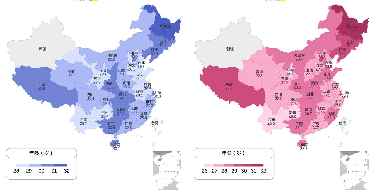 到底什么在决定青年男女要不要结婚，什么时间结婚？
最近看到网易的各地男女初婚平均