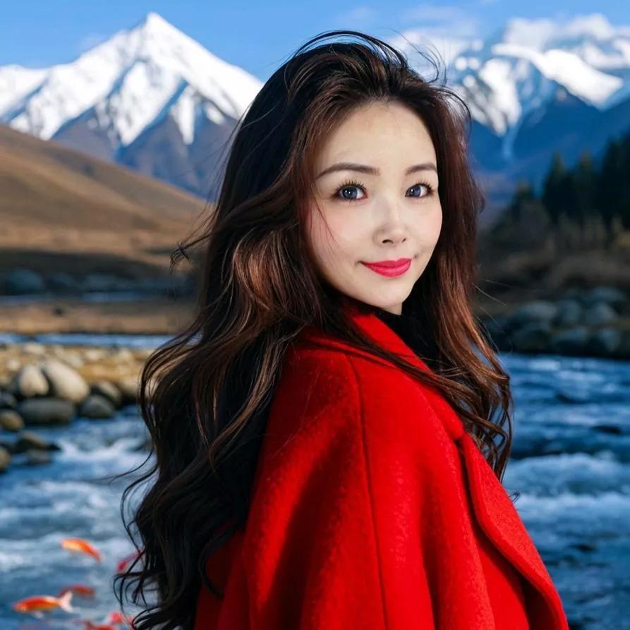 在雪山下，红衣少女与自然的美丽相遇。雪山上的美少女 雪山红裙 云朵上的美人 晶亮