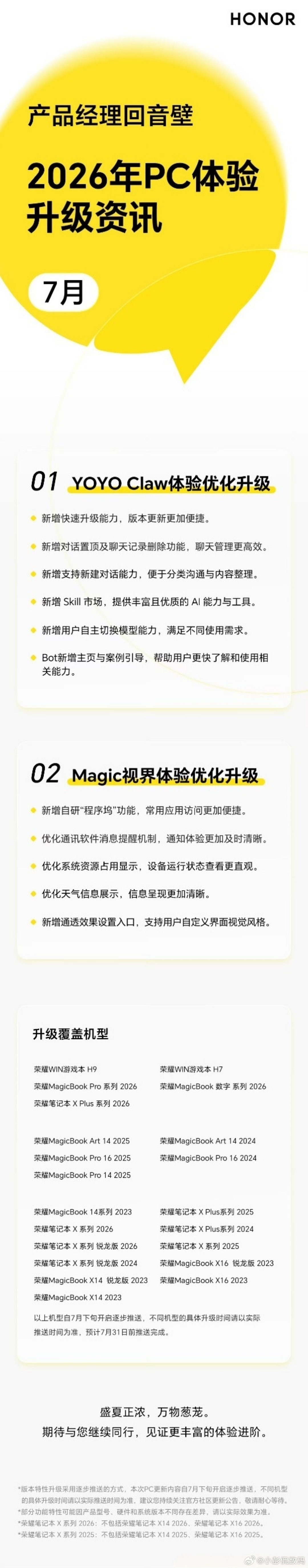 不止手机平板，荣耀笔记本七月更新安排也出炉啦！本次重点打磨YOYO Claw与M