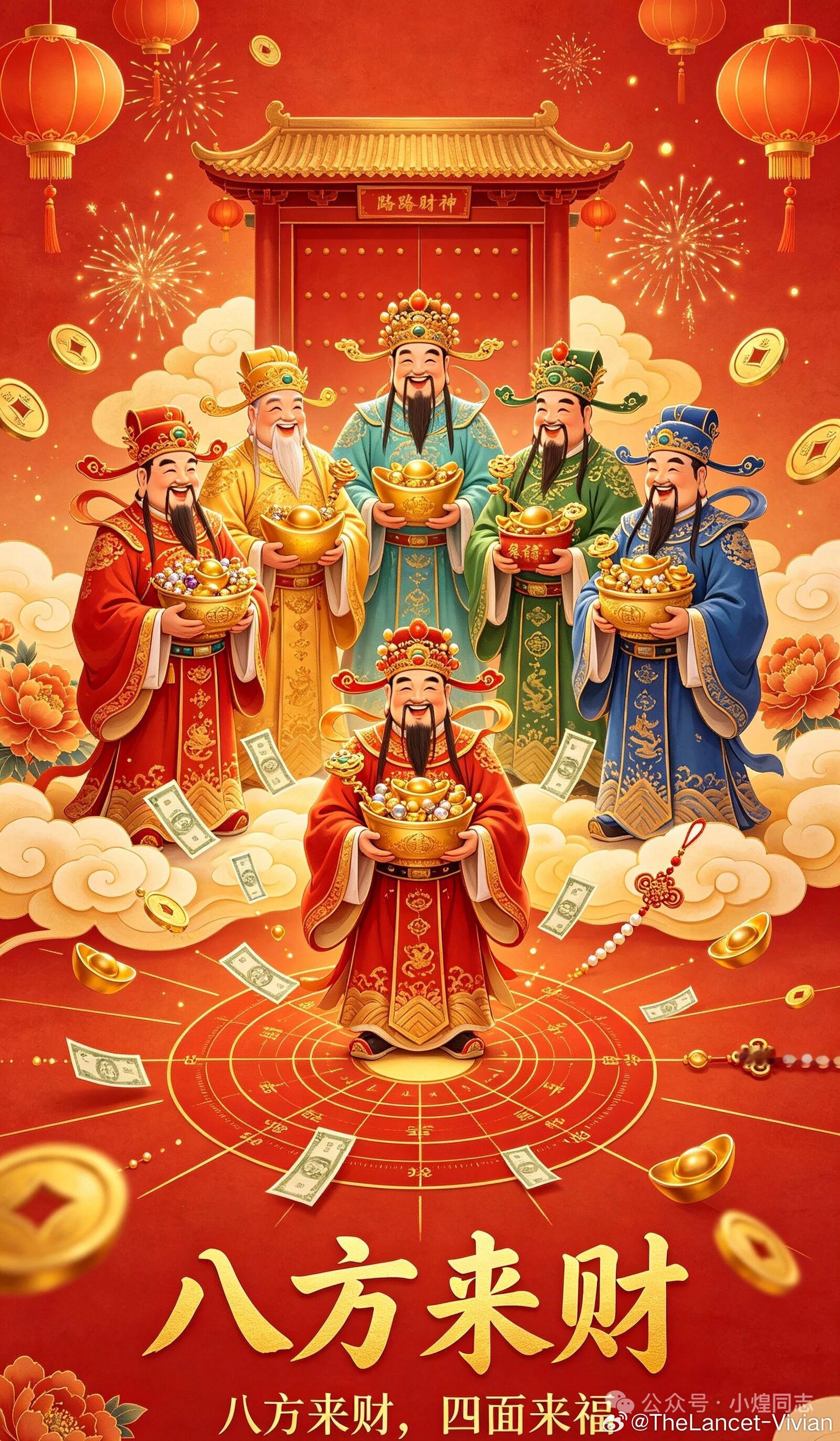 八方来财了东边来财西边进宝，南边送福北边纳吉。八方来财，四面来福。[鲜花][鲜花