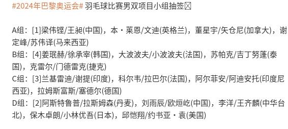 玩大了，奥运会羽毛球男双抽签，多了2个人。
7月15日，被推迟的巴黎奥运会羽毛球