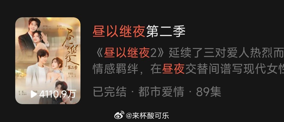 《昼以继夜2》上线20天播放量4110.9万热播期还剩10天，能磨到10亿吗 