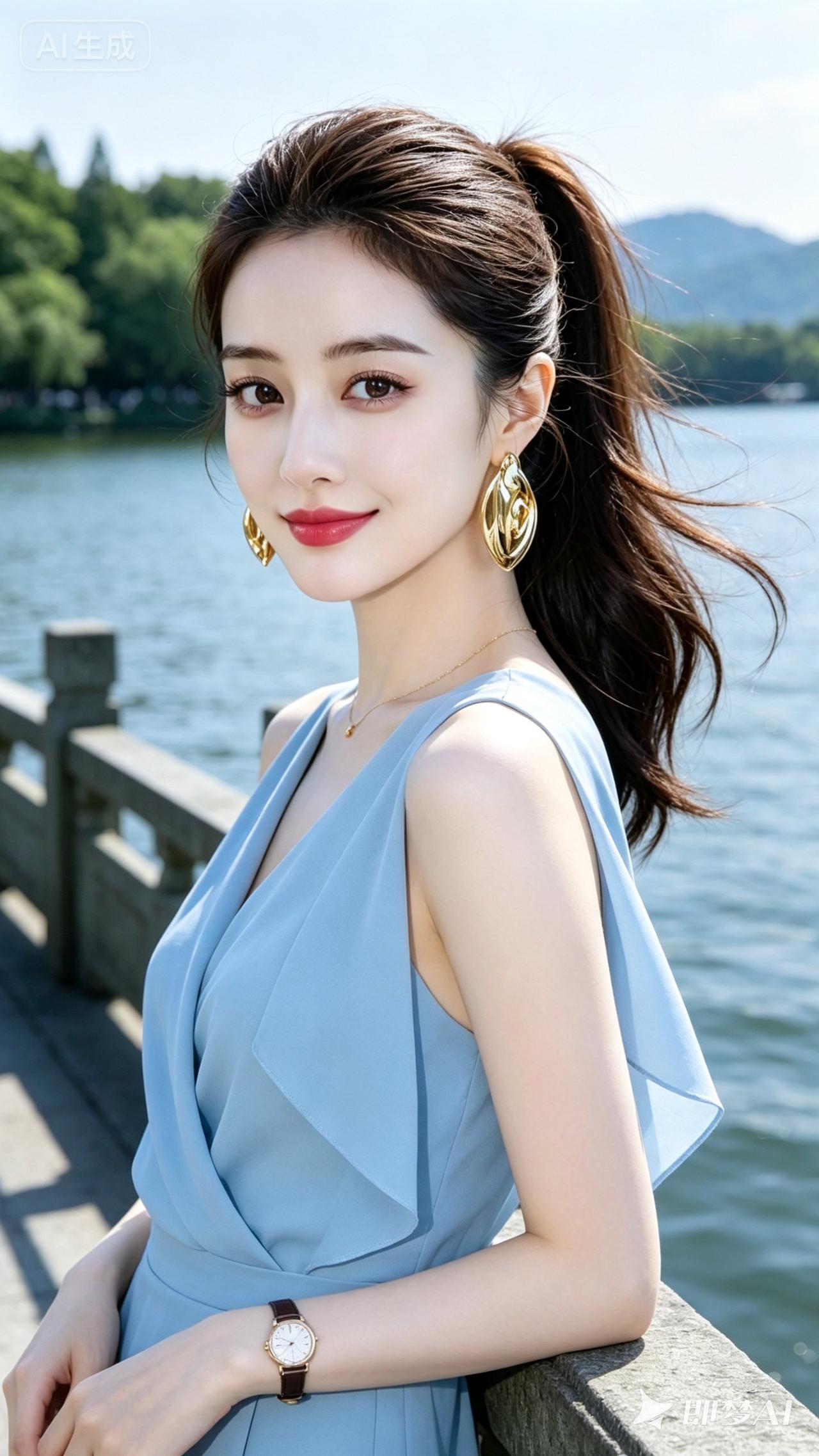 优雅蓝裙，湖畔轻风，笑靥如花