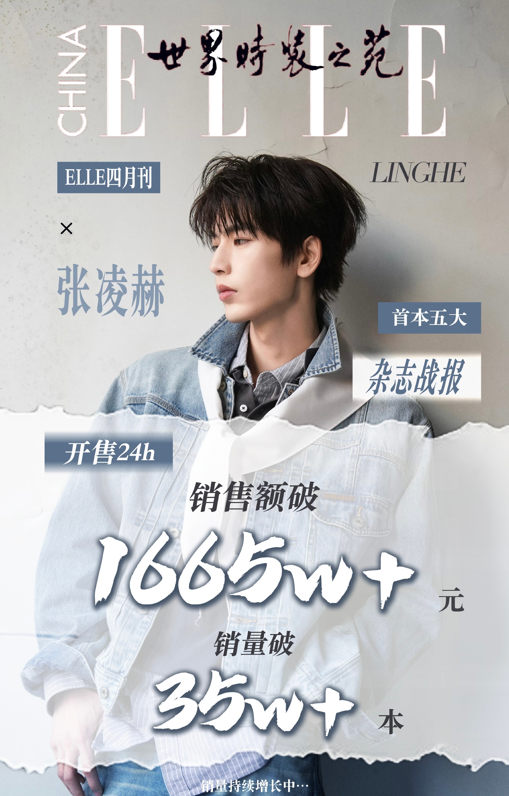 张凌赫elle进入内娱艺人杂志前10 张凌赫elle24h战报，销量突破35w本