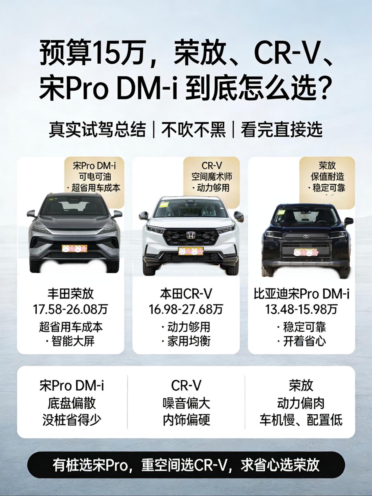 预算15万，荣放、CR-V、宋Pro DM-i到底怎么选？
兄弟们，最近我陪发小