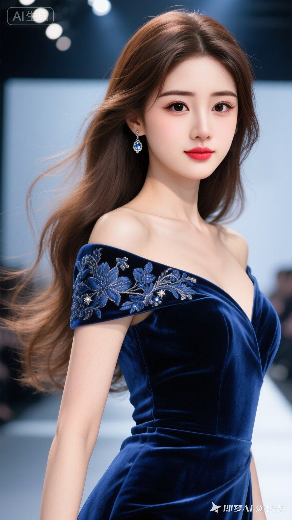 高挑美女立于暗色磨砂T台。棕发飞扬灵动，九头身身姿挺拔，蓝丝绒刺绣礼服质感高级。