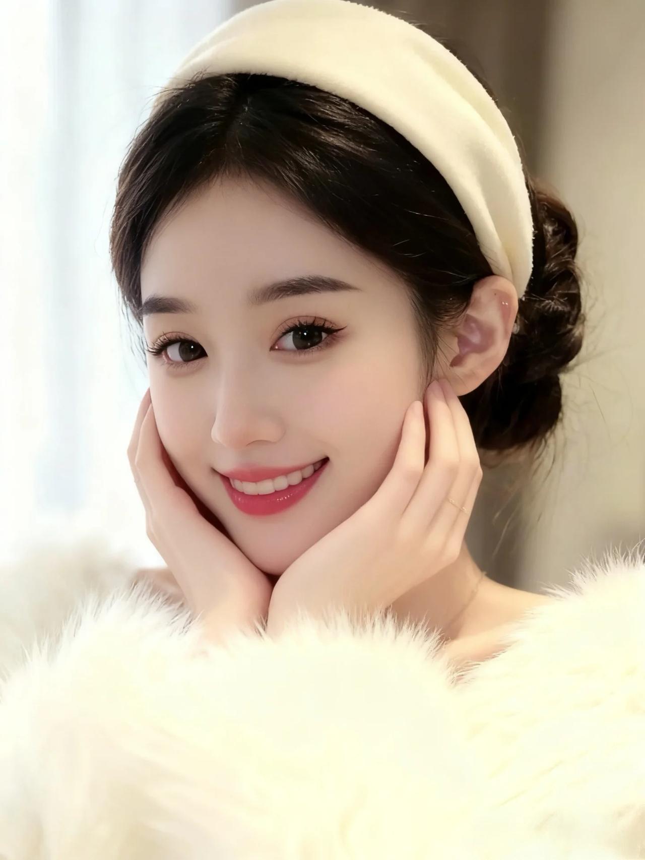 你如月光织就的仙子，发间那抹柔白发带，似云霞裁成的冠冕，将高颅顶衬得如神女临凡。