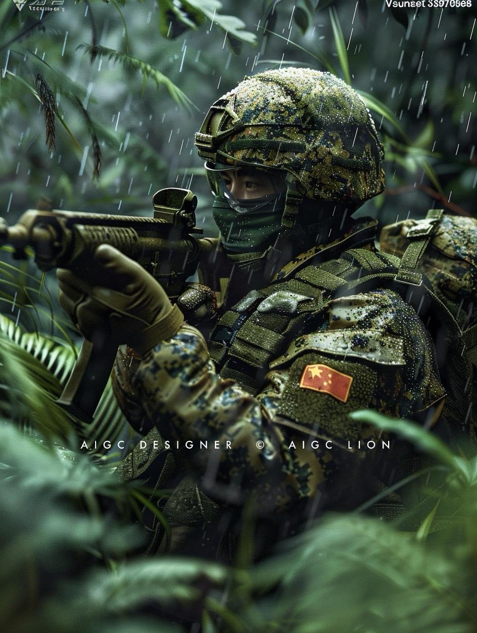 万绿丛中一点红。西南方向丛林战术装备展示，以上图片由 AI 生成，仅供娱乐，请勿追究细节错误