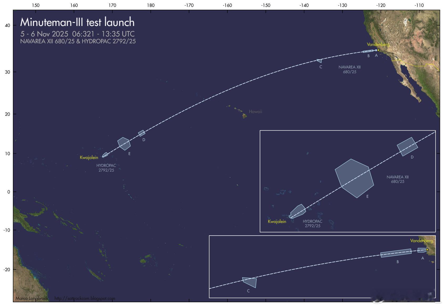美国将于明后天进行民兵-III洲际导弹测试实射，从范登堡空军基地发射，落点为64
