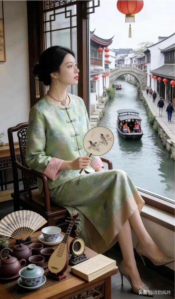 江南醉了一枝花，
绿衣持扇倚窗纱。
船载红灯摇碎影，
碧水小舟慢品茶。