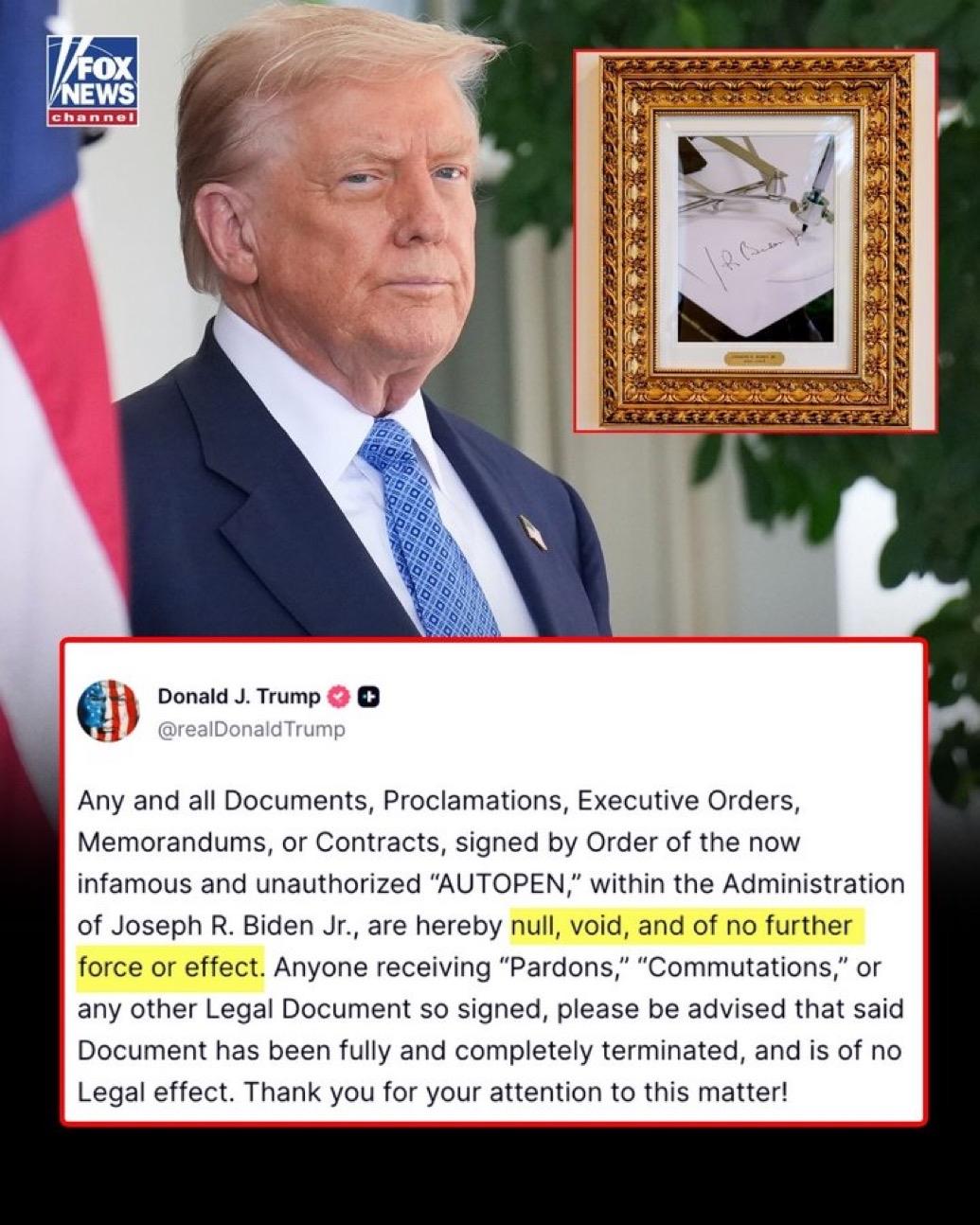 特朗普取消拜登所有自动笔签署的行政命令、文件等：

“任何及所有由现已声名狼藉且