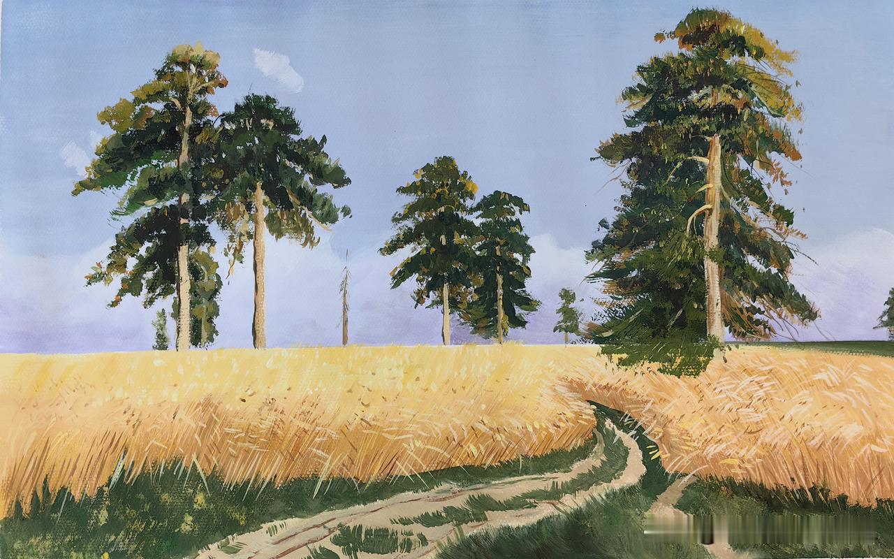 每日一练（水粉画+素描）
 
浅云浮碧天，
金穗满平田。
曲径松间绕，
晴风六月