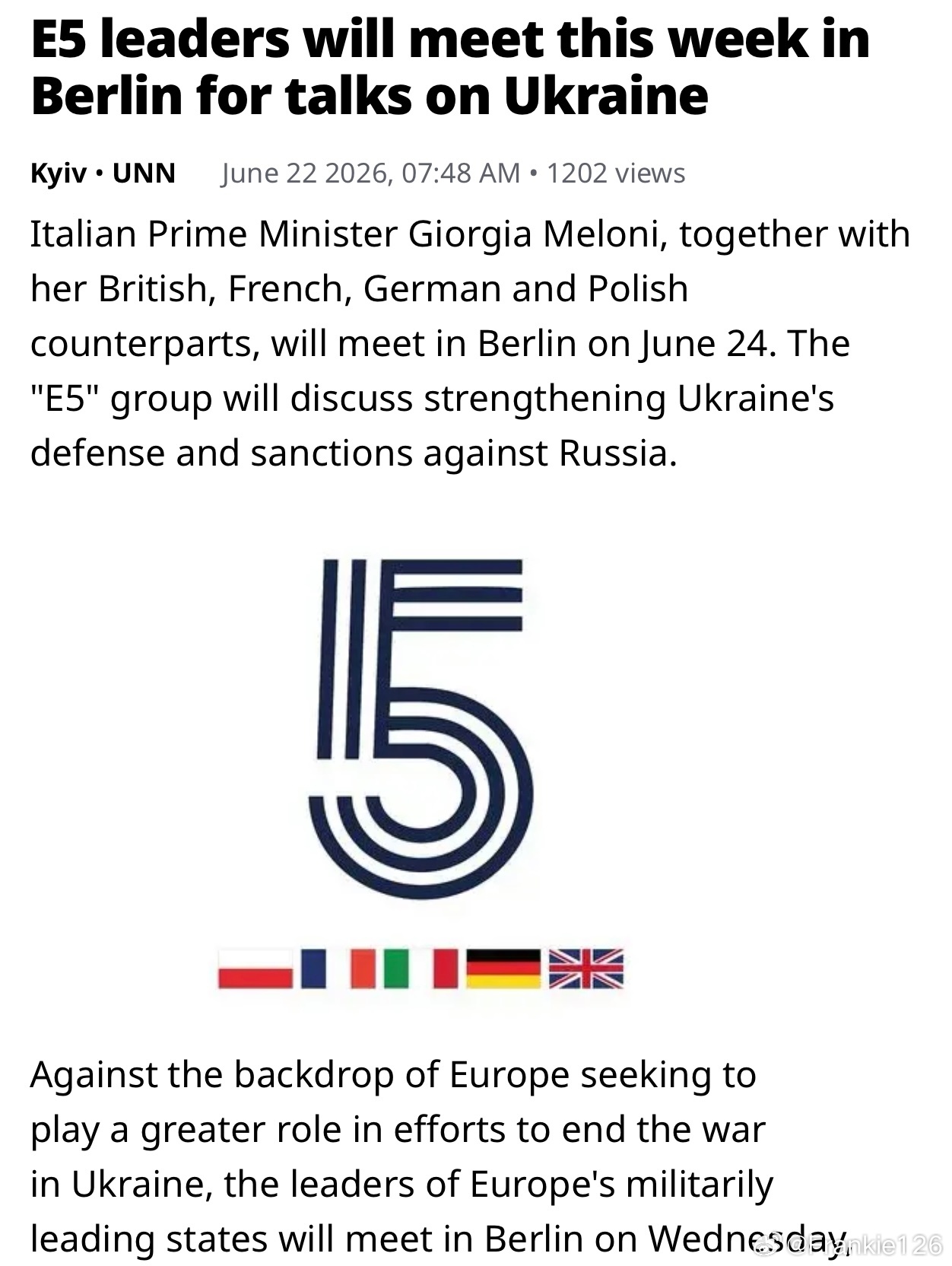 英國、意大利、德國、波蘭與法國領導人將於6月24日舉行會議，討論對Ukraine