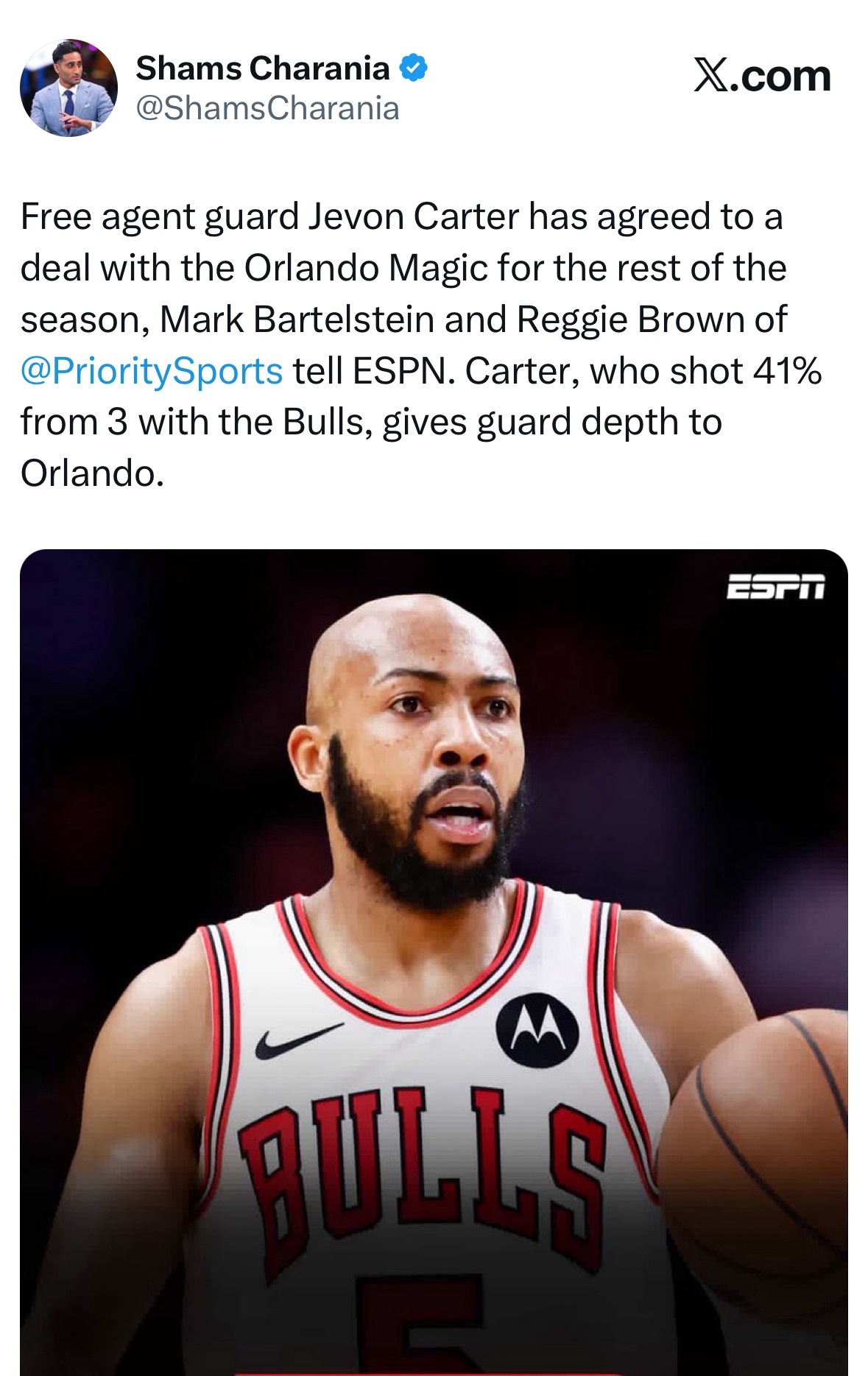 Shams：自由球员后卫杰文·卡特已与奥兰多魔术达成协议，将为球队出战本赛季剩余