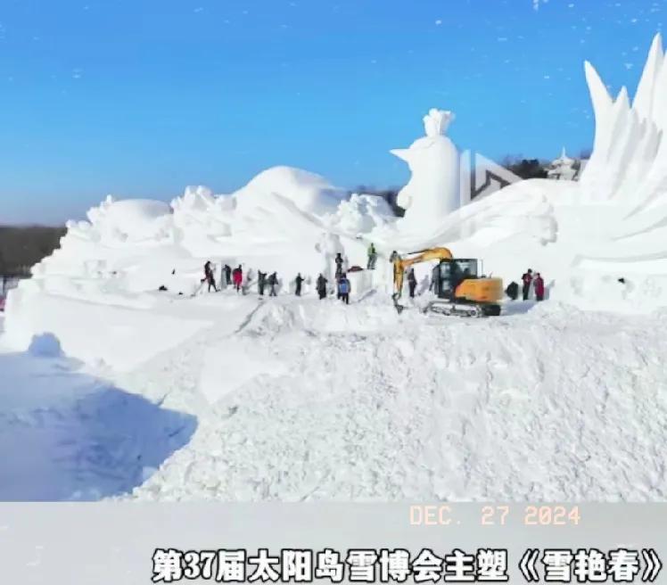 冰城老妹播报好消息，太阳岛雪博会的大滑梯已就位，主塑雪艳春已经完工了！

真的太