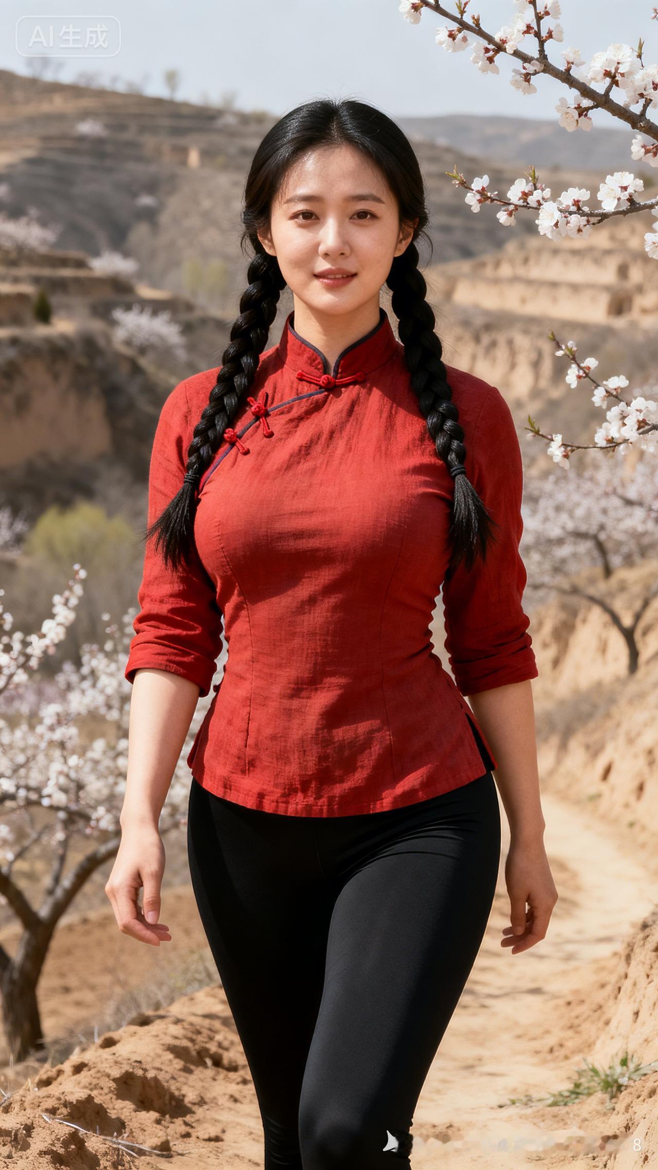 春日赏花游，红衣少女漫步花海