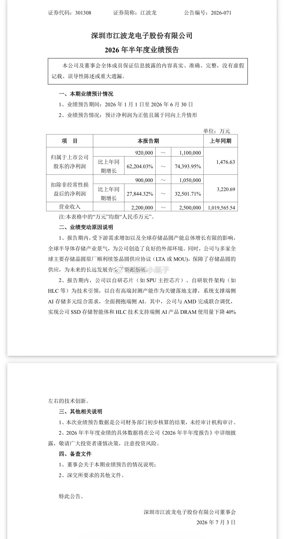 江波龙半年报大爆发，预盈92-110亿元，同比暴增622倍至744倍！下半年科技