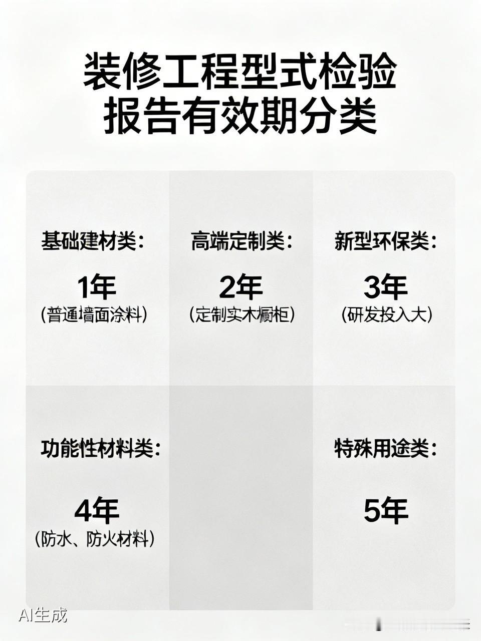 装修工程型式检验报告有效期分为5类。基础建材类报告的有效期可能为1年，例如普通墙