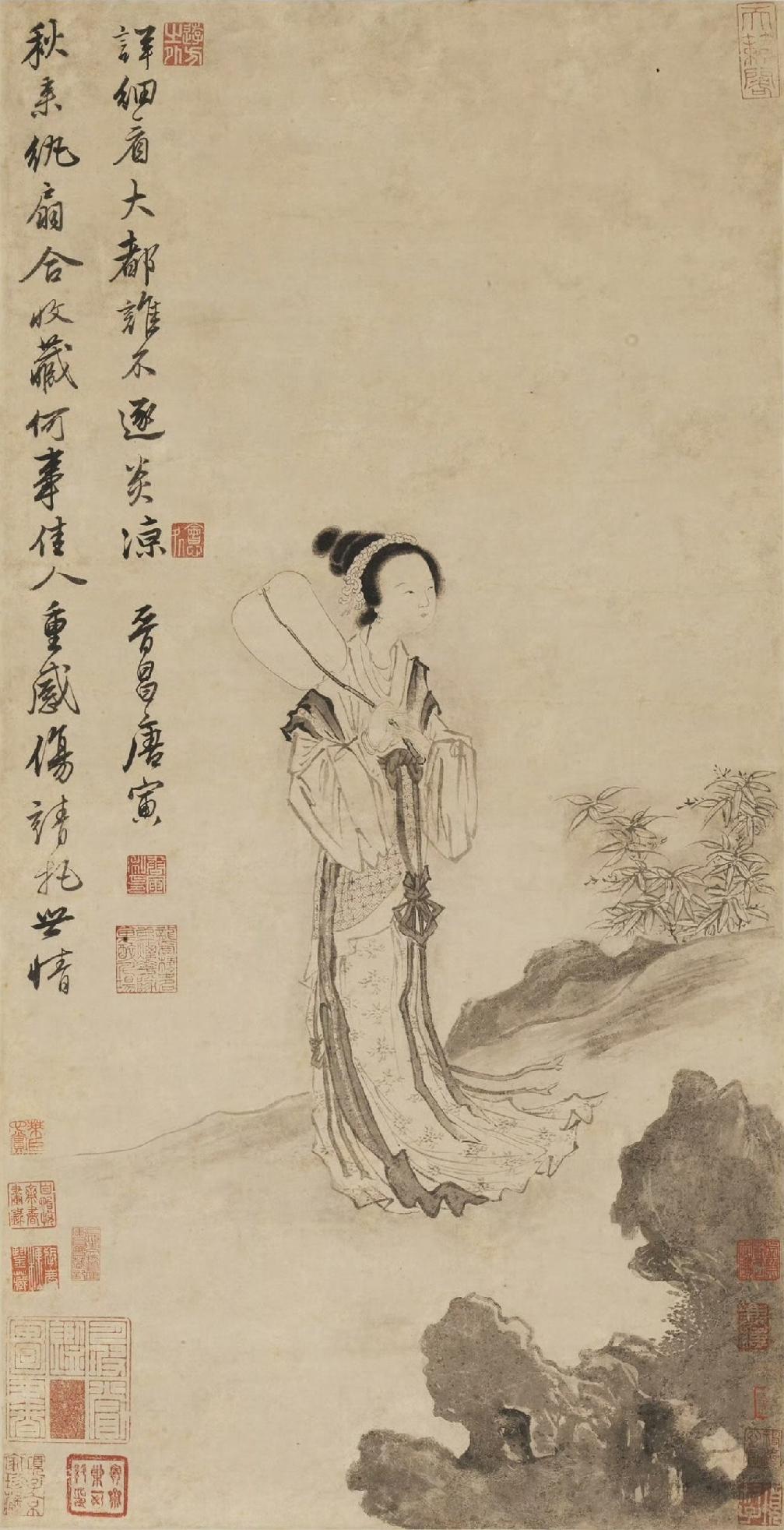 唐伯虎《秋风纨扇图》
上的题诗颇有意趣:
秋来纨扇合收藏 ，何事佳人重感伤，
 