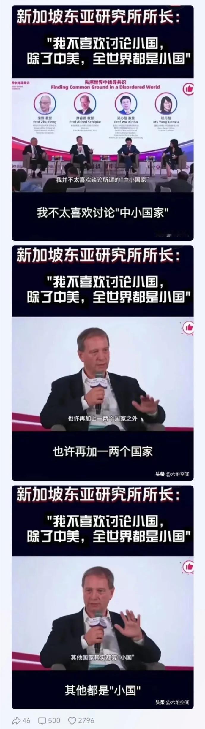 美国教授在一次新加坡论坛中称除了中美，其他都是小国。在场的新加坡华人嘉宾，除了一