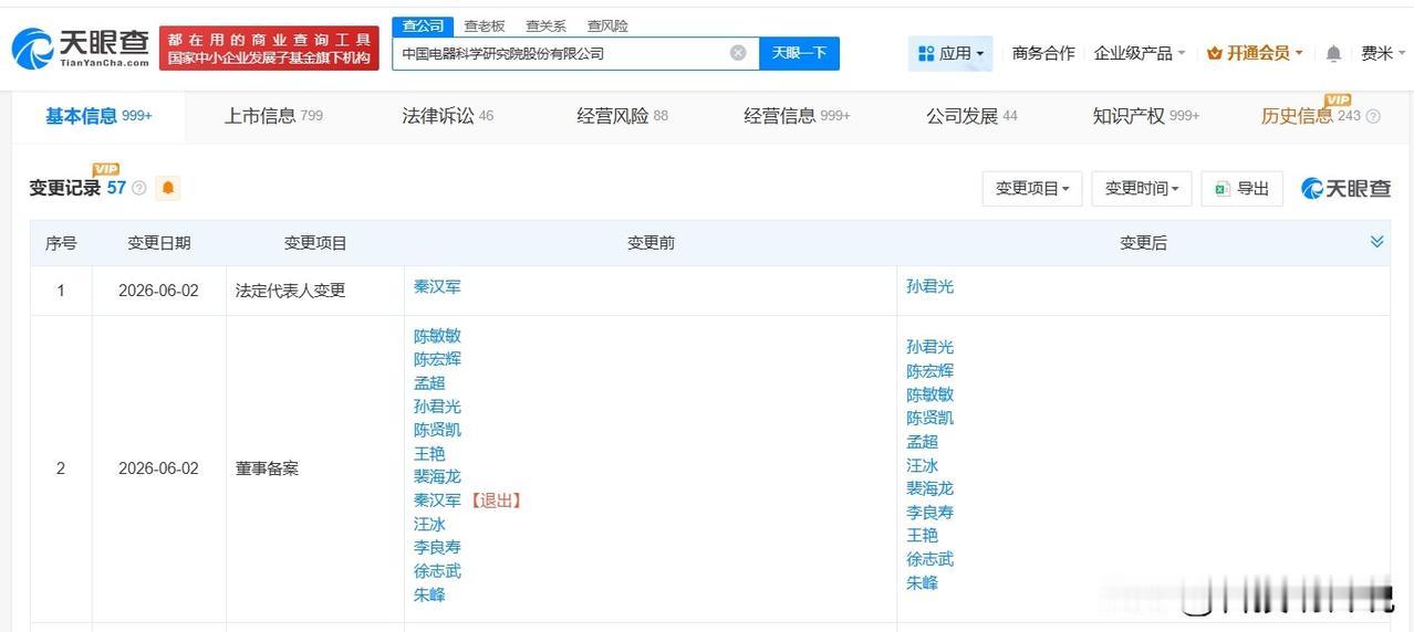 【孙君光任中国电研董事长 中国电研换帅完成工商变更】
天眼查App显示，近日，中