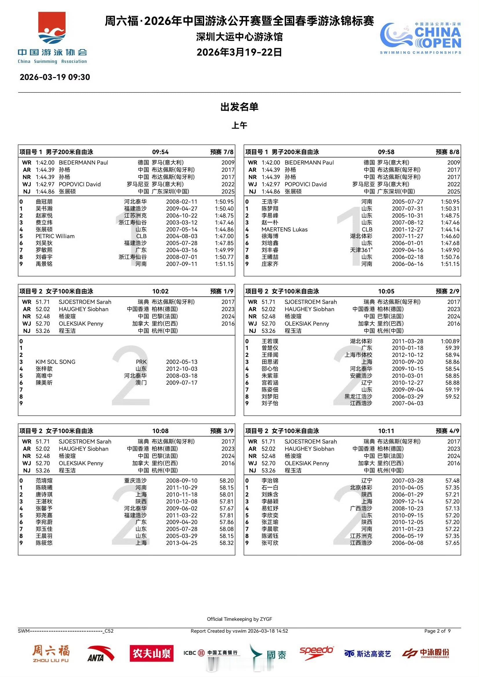 2026年中国游泳公开赛 第一天预赛秩序单 