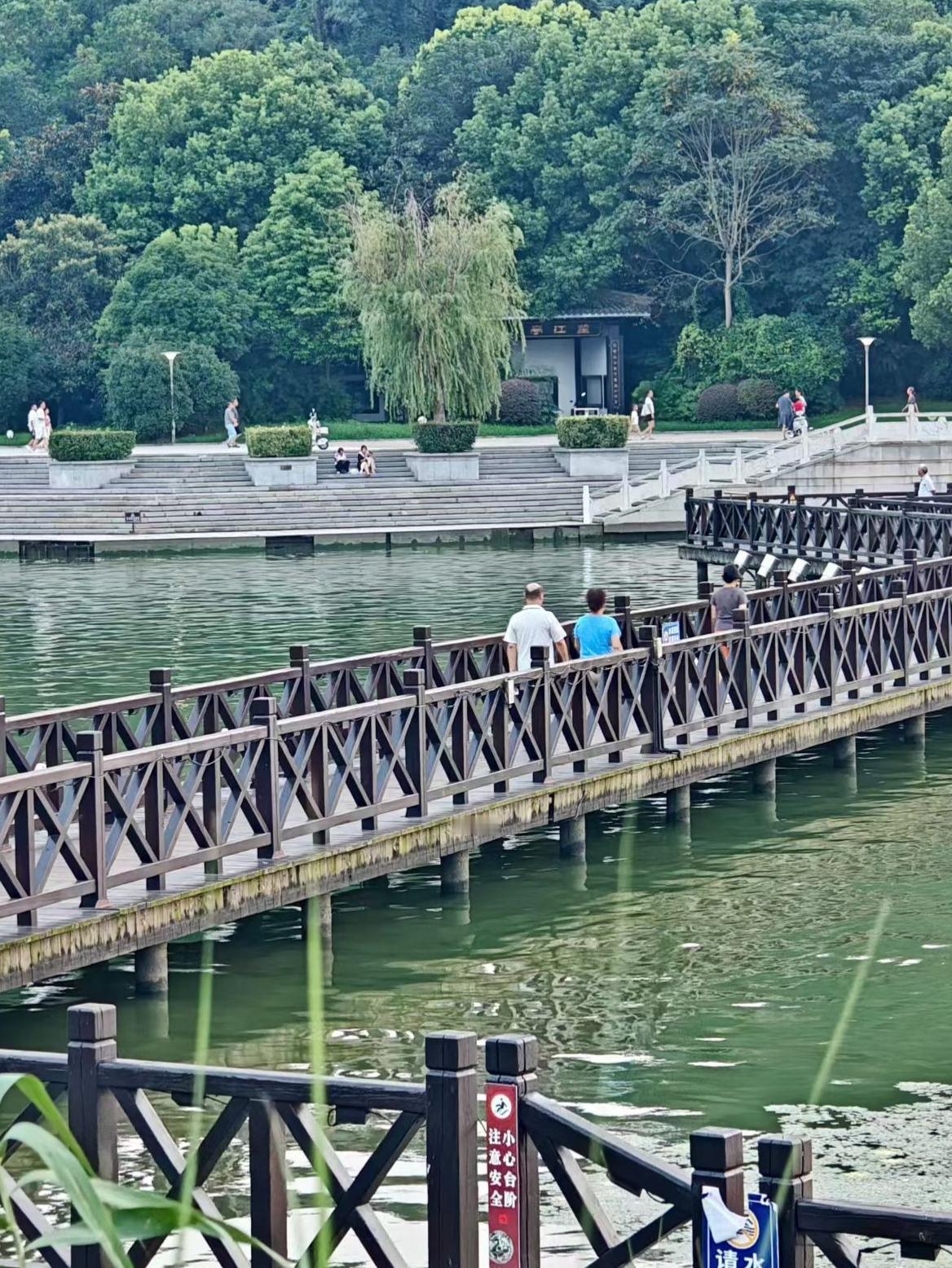 旅行随手拍走在临水木栈道，湖水盈盈，绿树环绕。待到暮色降临，遥望远处孤塔静静伫立