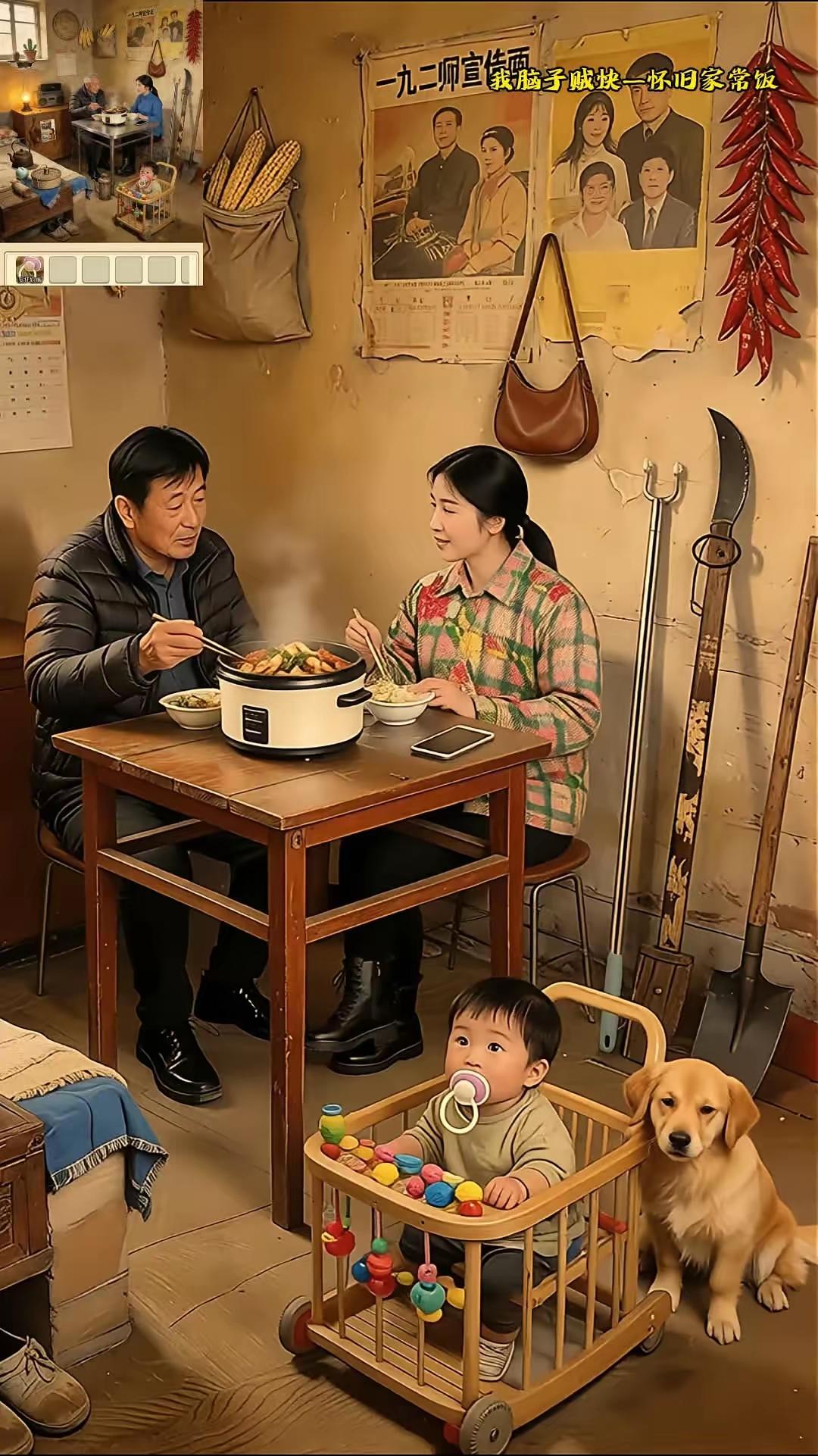 夫妻围桌坐，
饭菜冒气热。
娇儿车中玩，
一家多欢乐。