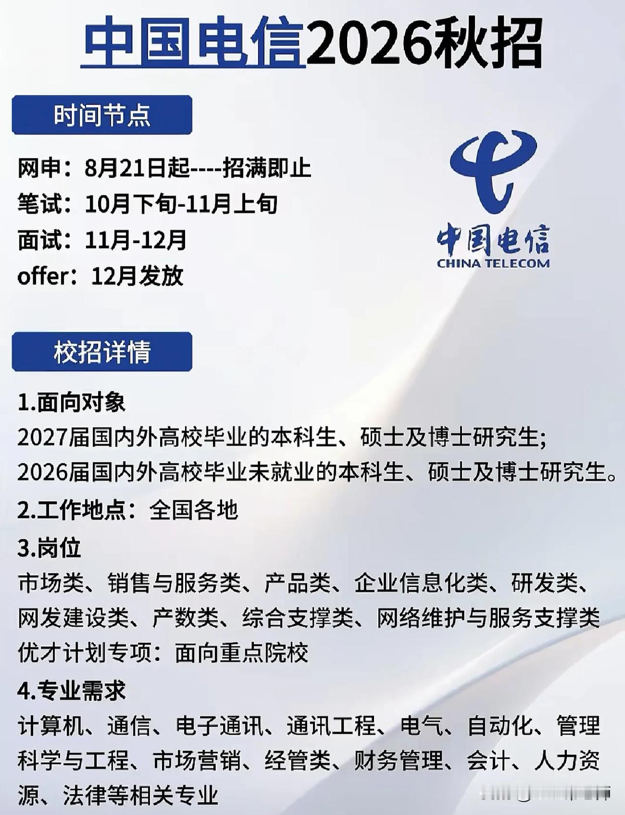 同学们，中国电信2026秋招已经正式启动，网申从8月21日开启，招满即止，笔试安