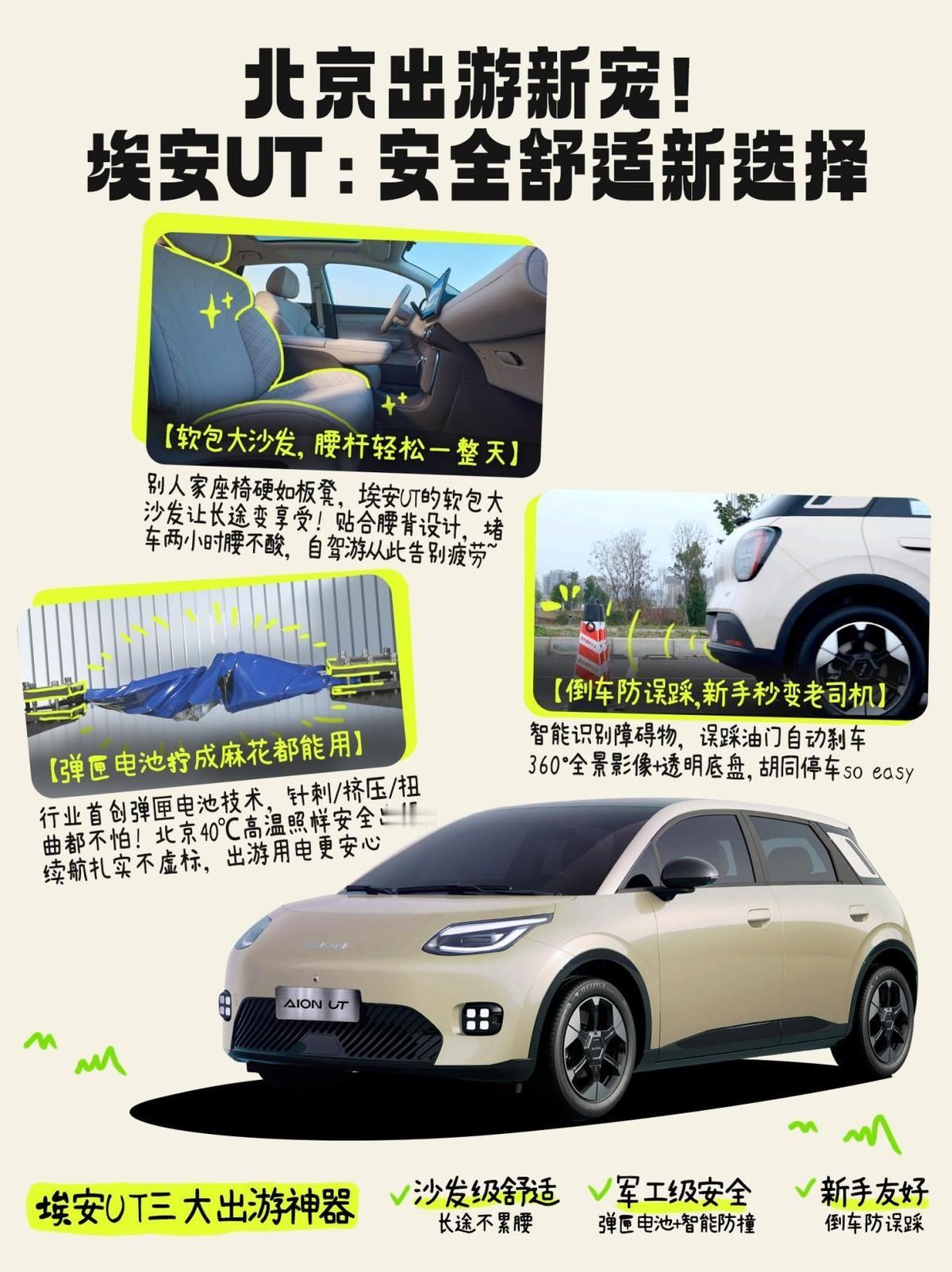 在北京开车怕累怕剐？埃安UT救大命啦
在北京开车出游，担心堵车腰酸、胡同剐蹭、电