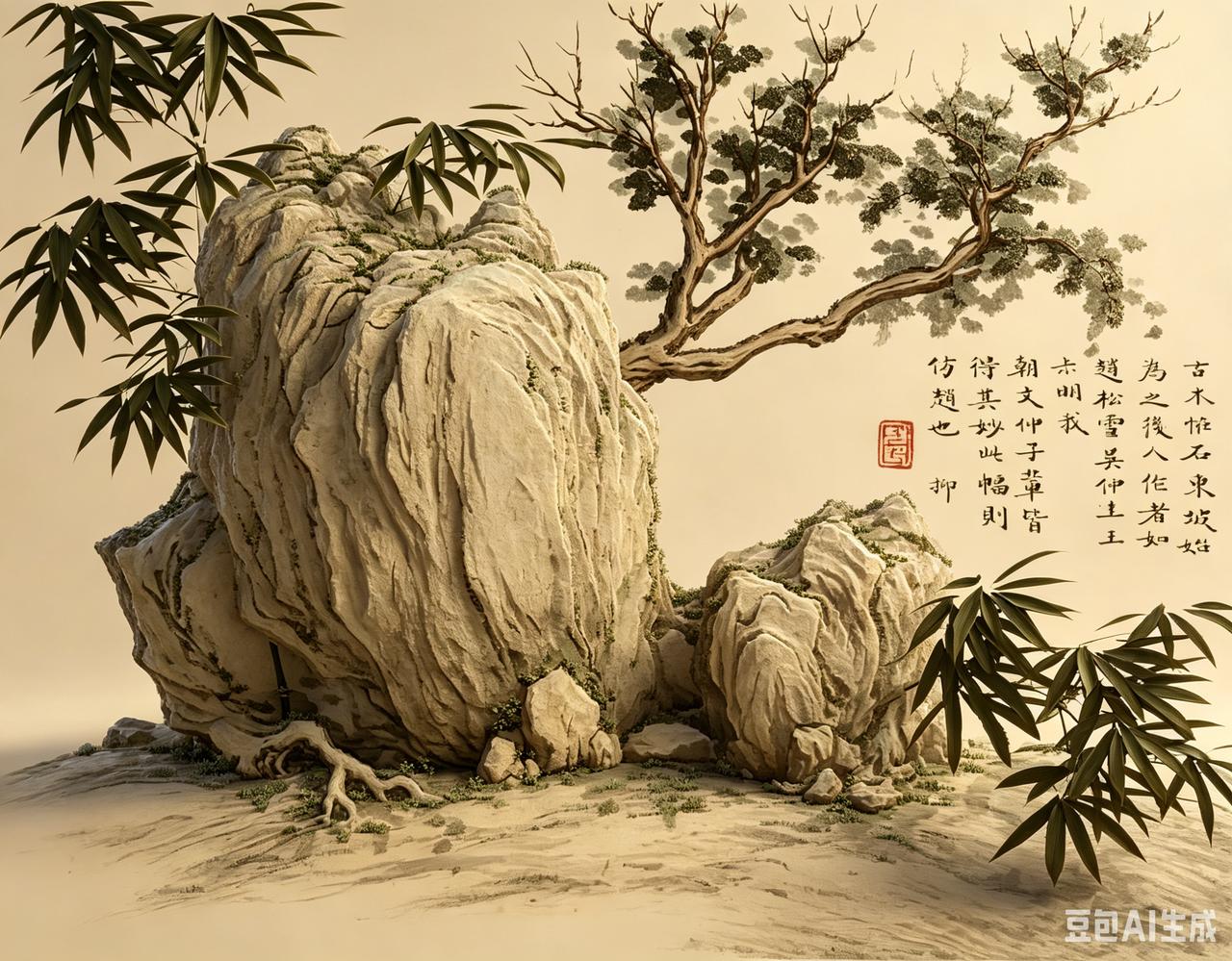 钦揖的这幅竹石图，淡墨勾石，劲竹傍枝，笔简意远，是清代文人画的清逸风骨，典型的仿