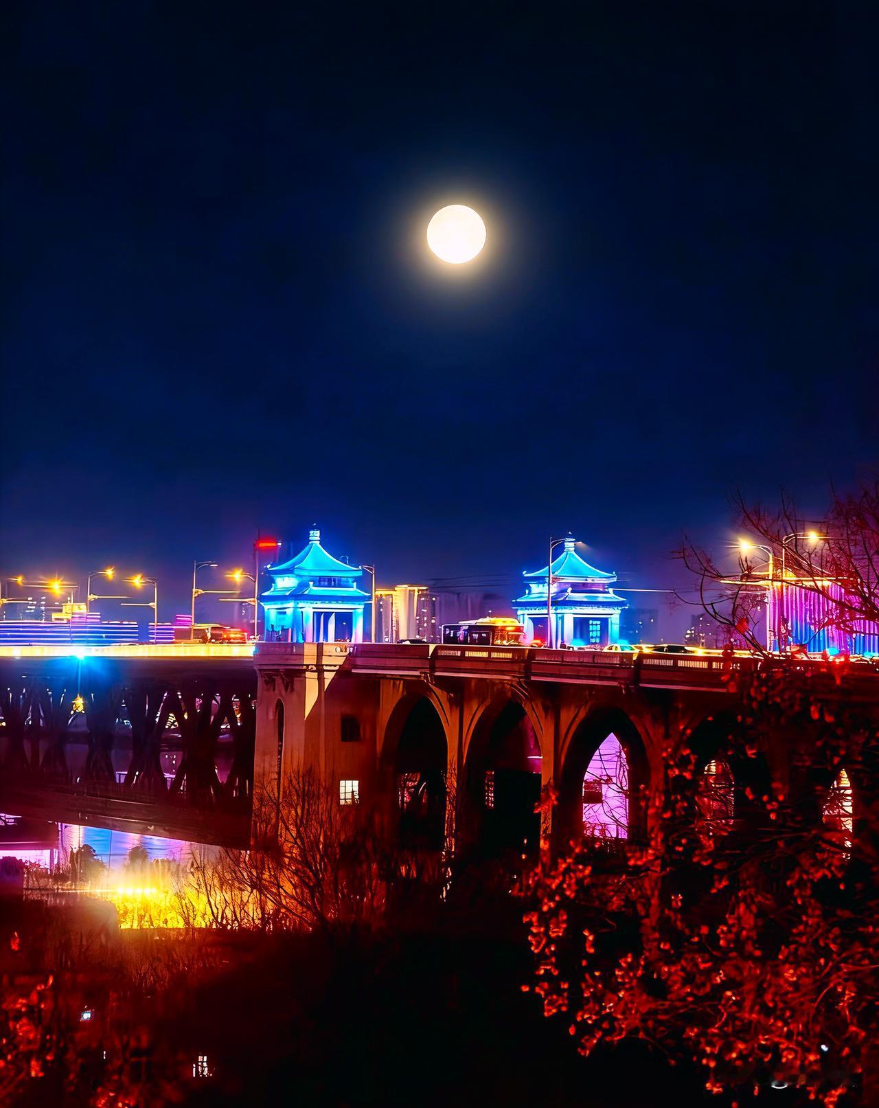 相册里的花花草草手机摄影作品《月下桥影》这夜景把“古今交融”的氛围感拉满了。圆月