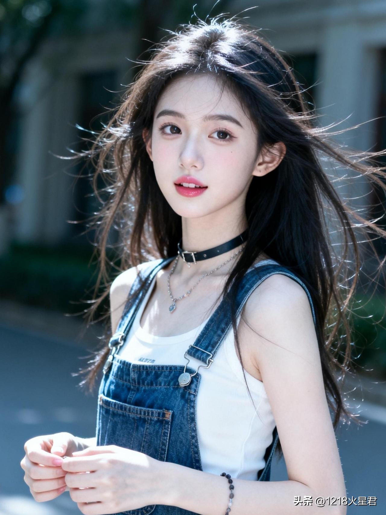 阳光下的甜美少女，牛仔背带裙与黑色颈链的完美搭配，散发着青春与活力！🌞💖✨