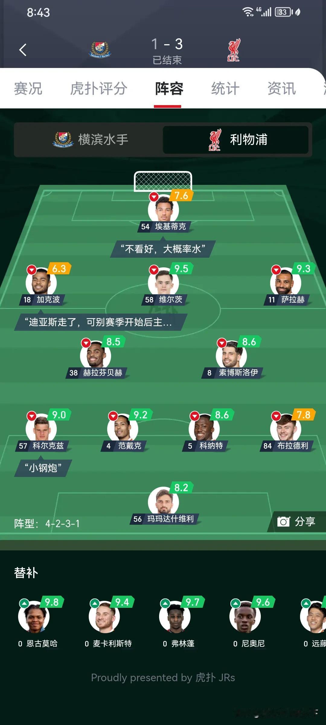 虽说友谊赛，我咋利物浦整体实力变弱了呢？左边路爆点没有了，右边路的长传也没有了。