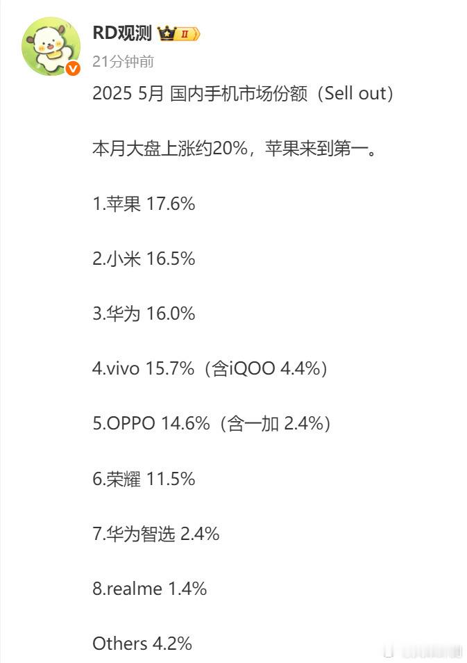 2025 5月国内手机市场份额参考~苹果回到第一，这波估计和16Pro降价能吃到