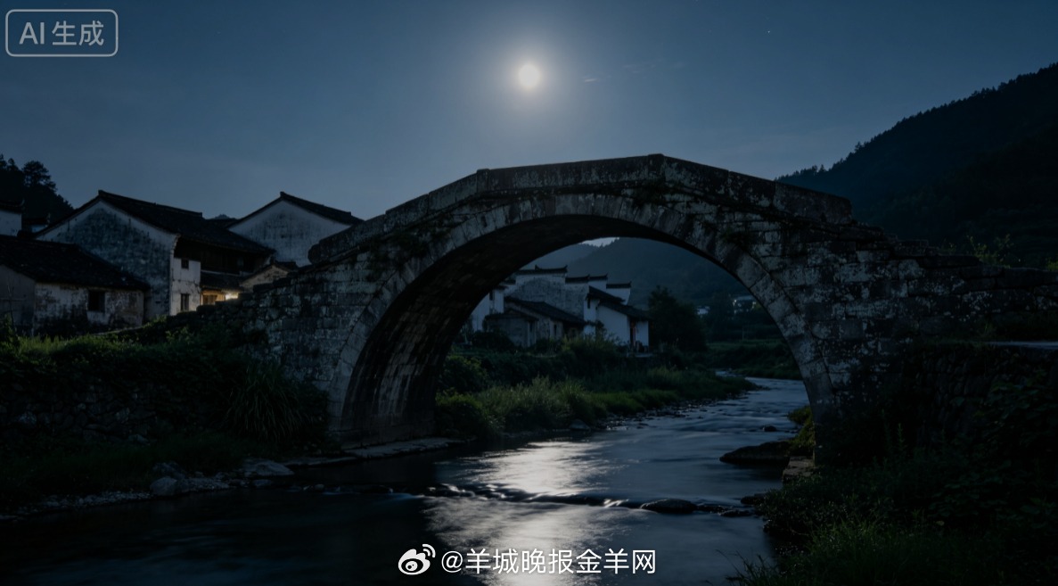 #晚安# 溶溶月色笼罩老旧石拱桥，桥下溪水泛着银白柔光，晚风扫去白日燥热，周遭只