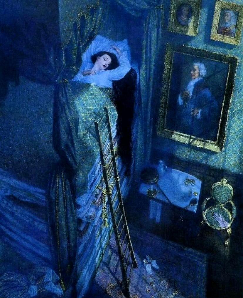 满室幽蓝浸满深夜，层层被褥堆起高耸的眠床，一架木梯通向公主的睡梦。
藏在二十层软