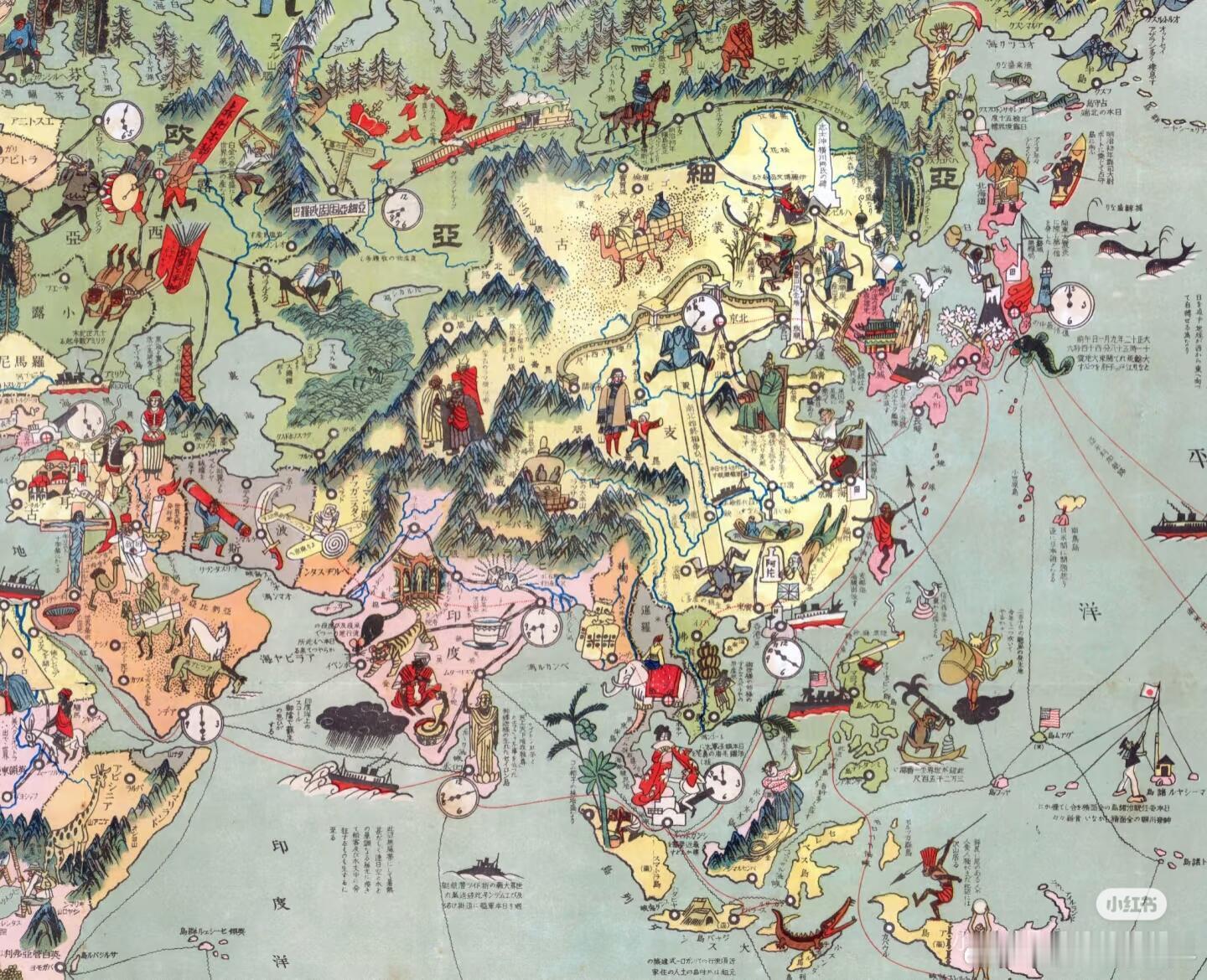 1924 年日本绘制的亚洲插画地图老照片 ​​​
