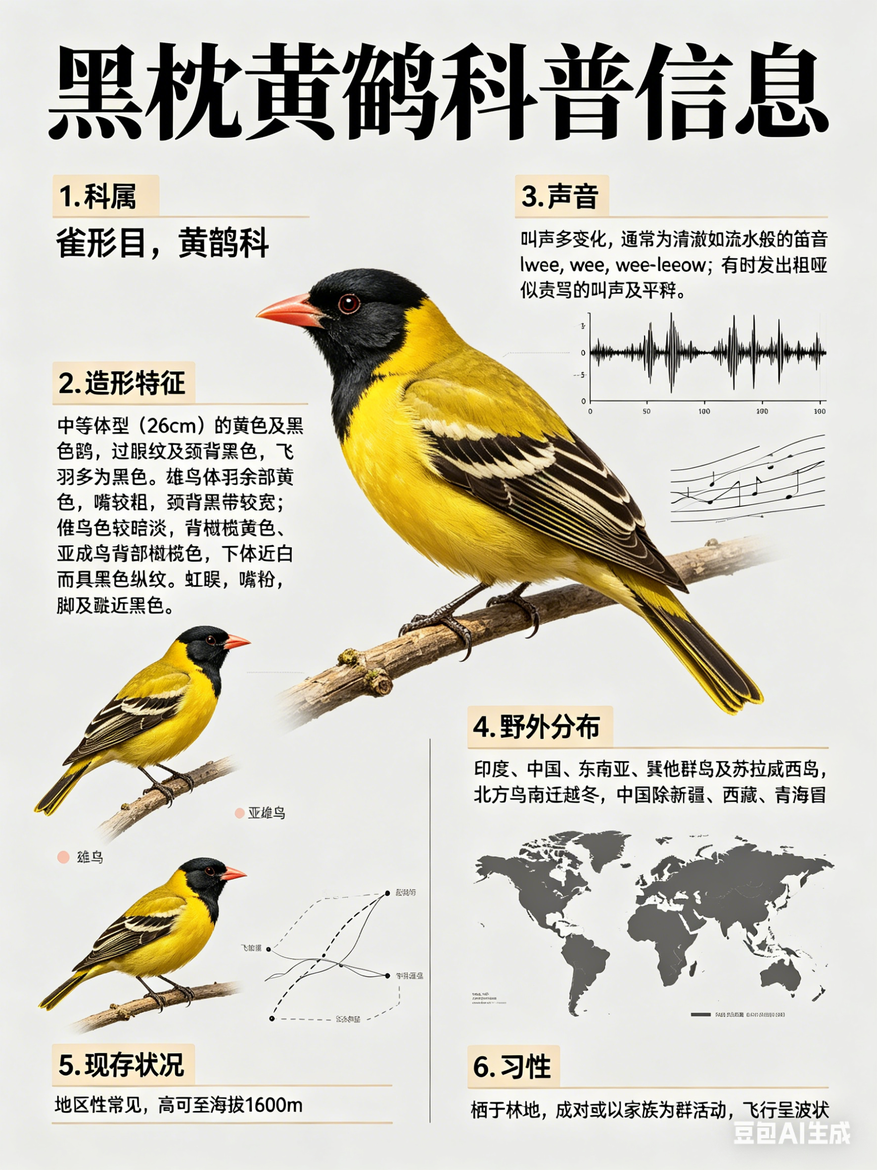鸟类朋友图鉴 黑枕黄鹂·科属：雀形目，黄鹂科。·外形特征：中等体型（26cm）的