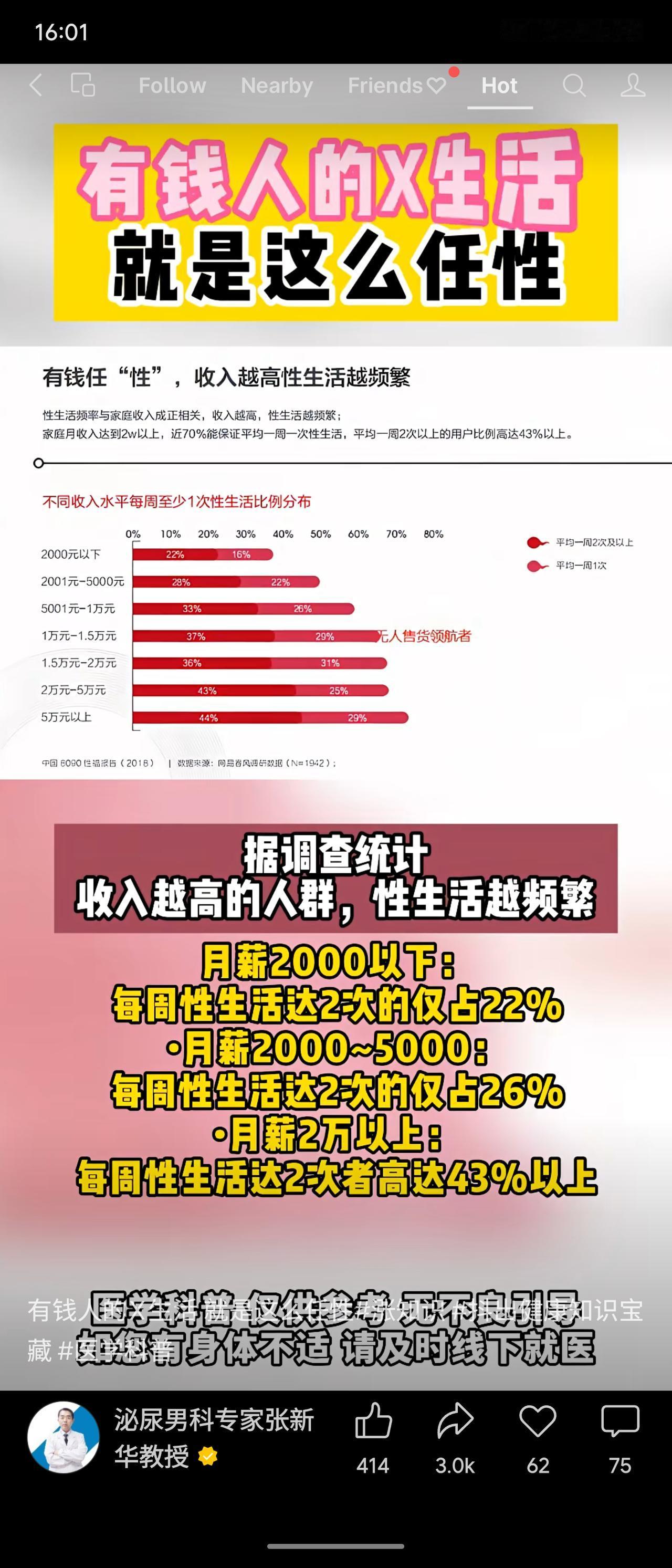 据2016年调查数据，家庭收入与性生活频率呈正相关：月入2万以上者，近70%每周