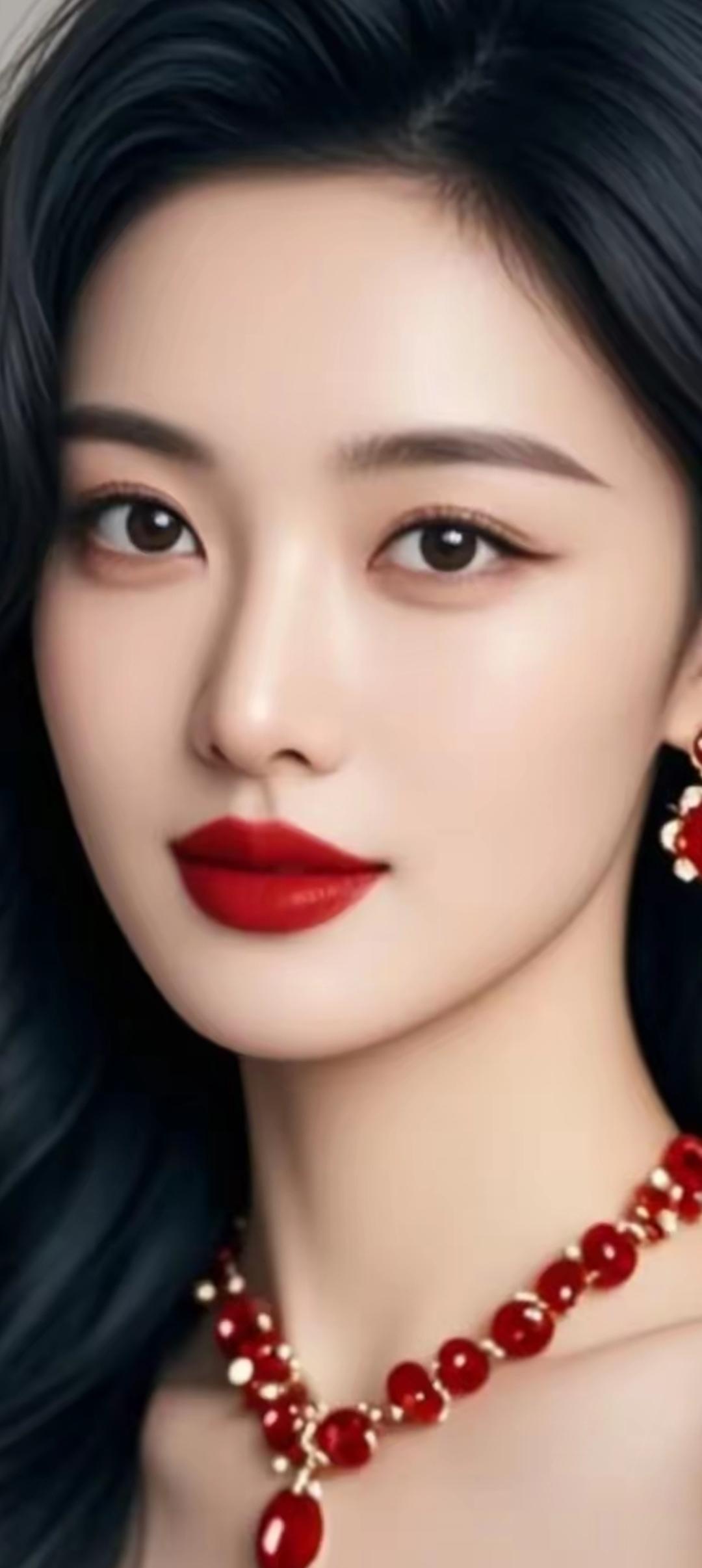 红唇与黑发相映成趣，优雅动人