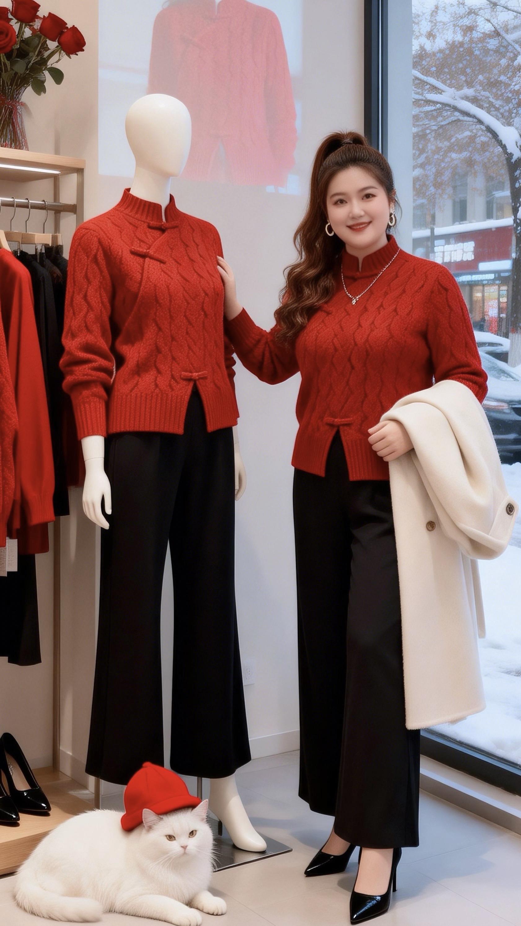 大码穿搭新中式穿搭红色针织衫胖妹妹红色系新年穿搭来咯让人眼前一亮的跨年约会穿搭