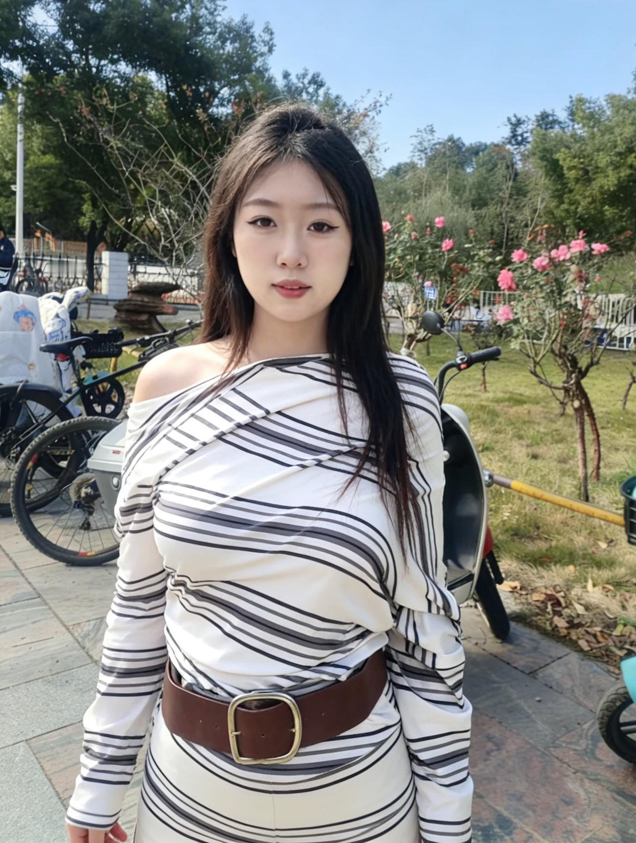 风掠过肩头
条纹揉碎了阳光
花在身后开成粉浪
单车倚着树影
日子晃了又晃
目光落