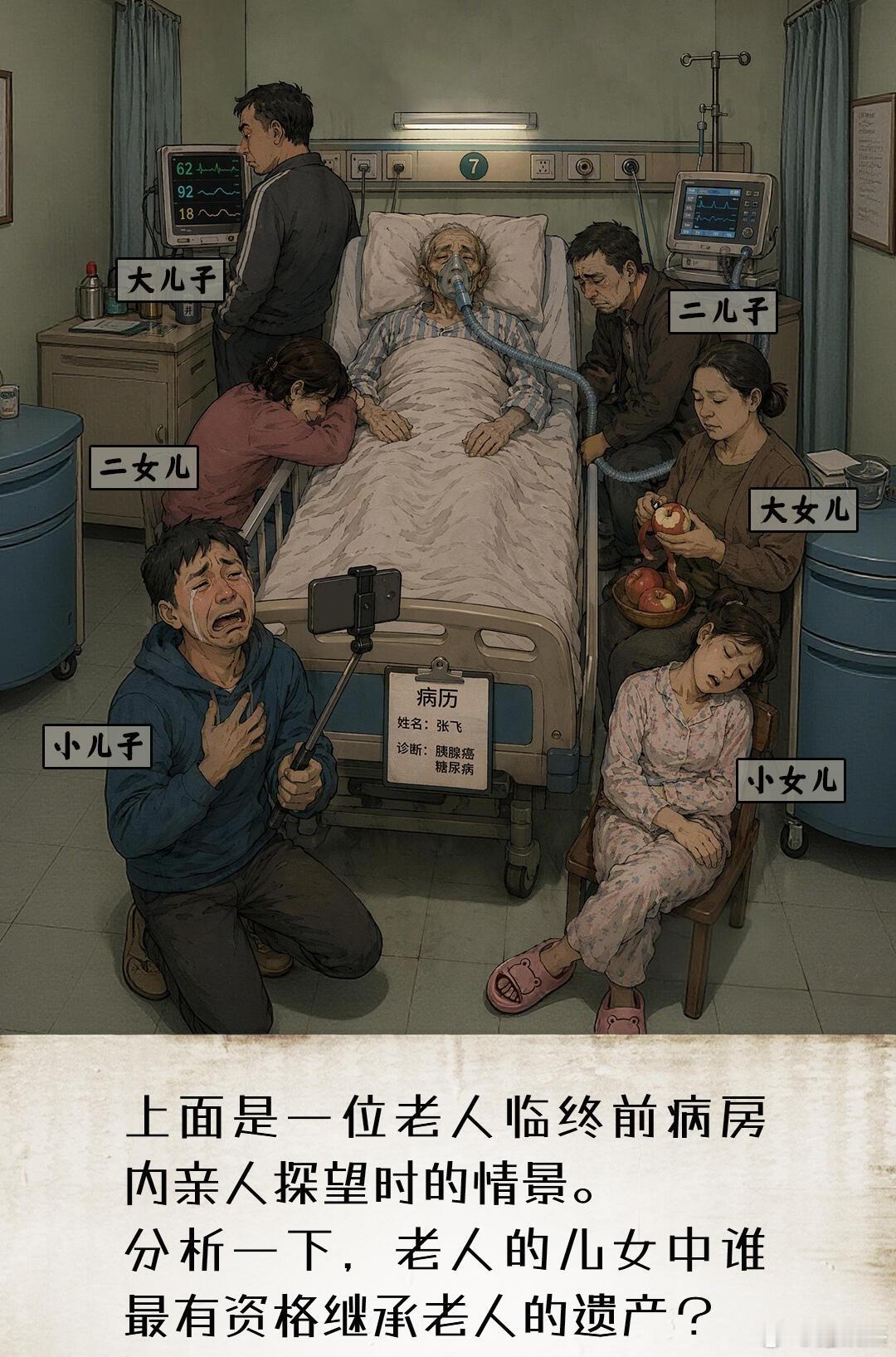 细节决定成败，这是一位老人临终前病房内亲人探望时的情景。分析一下，老人的儿女中谁