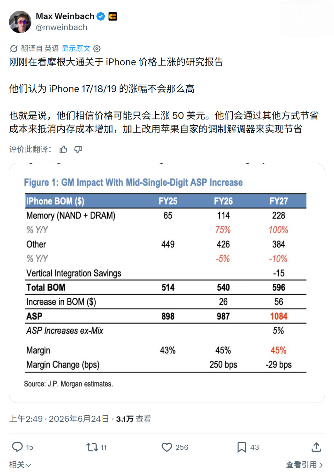 摩根大通在近日的市场研报中对苹果 iPhone 17 至 19 系列的后续售价走