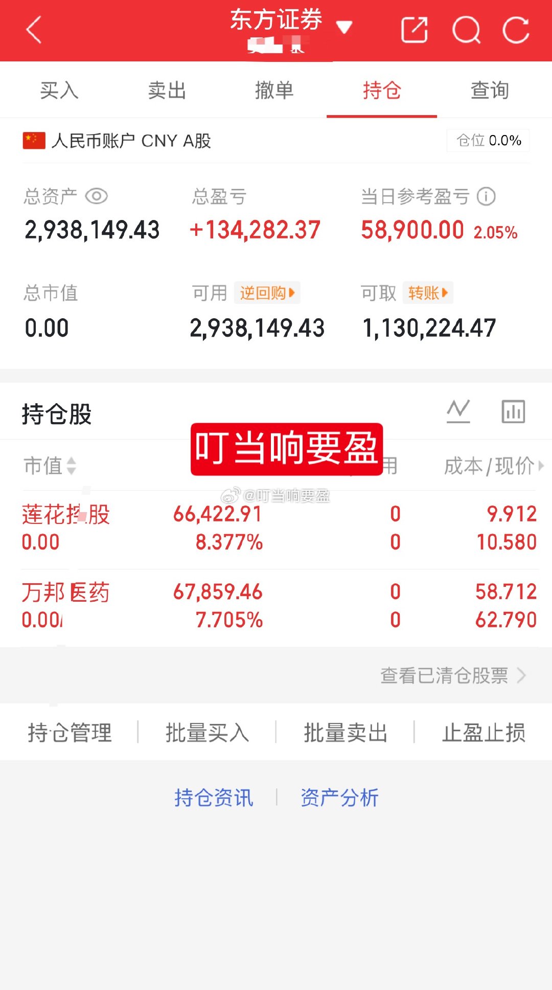 1百w挑战一年翻5倍（第109天）今天卖出：600186莲花控股301520万邦