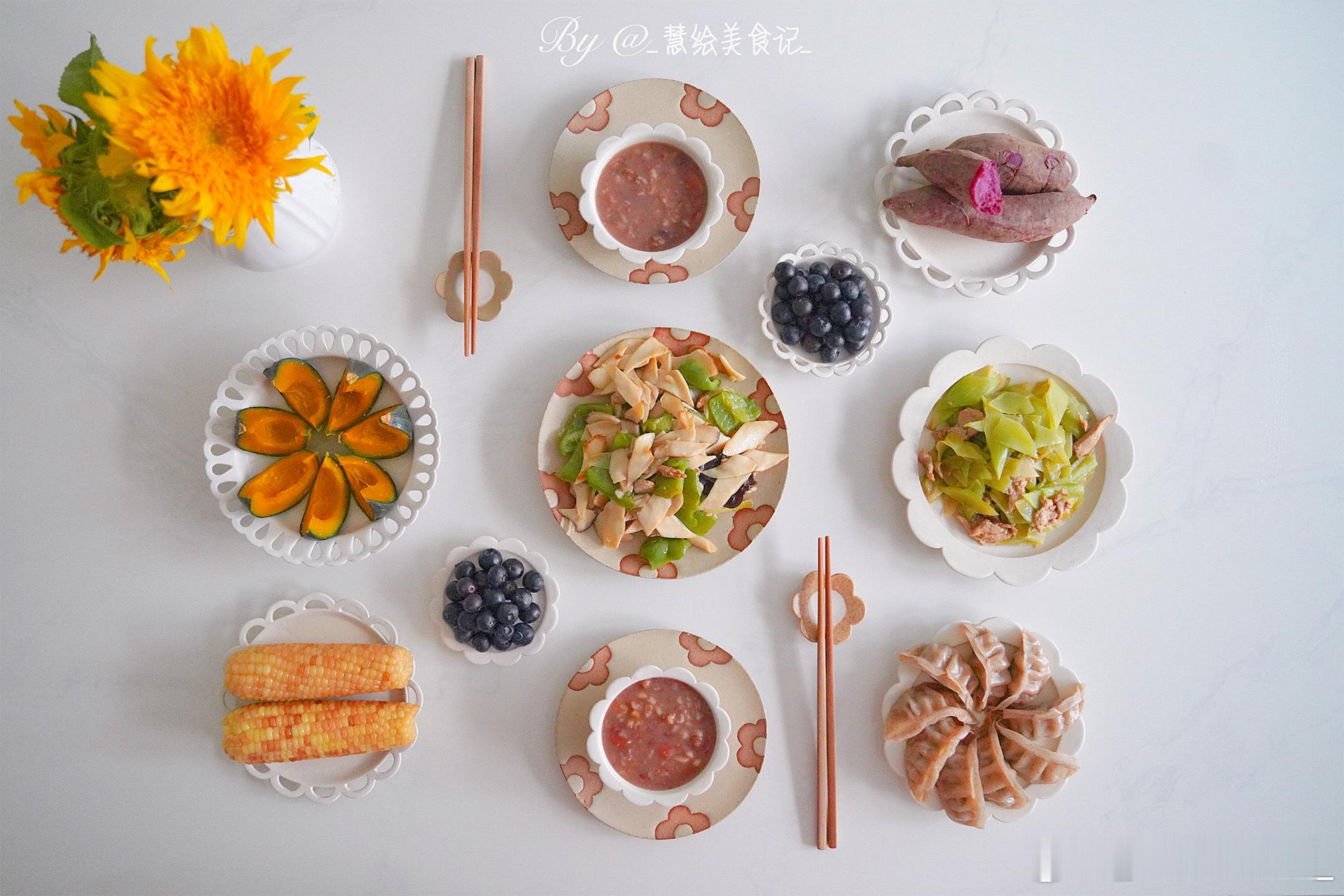 周二早午餐，莴笋炒肉、杏鲍菇青椒炒肉、魔芋燕麦鸡胸肉蒸饺、蒸杂粮、红豆粥、蓝莓~