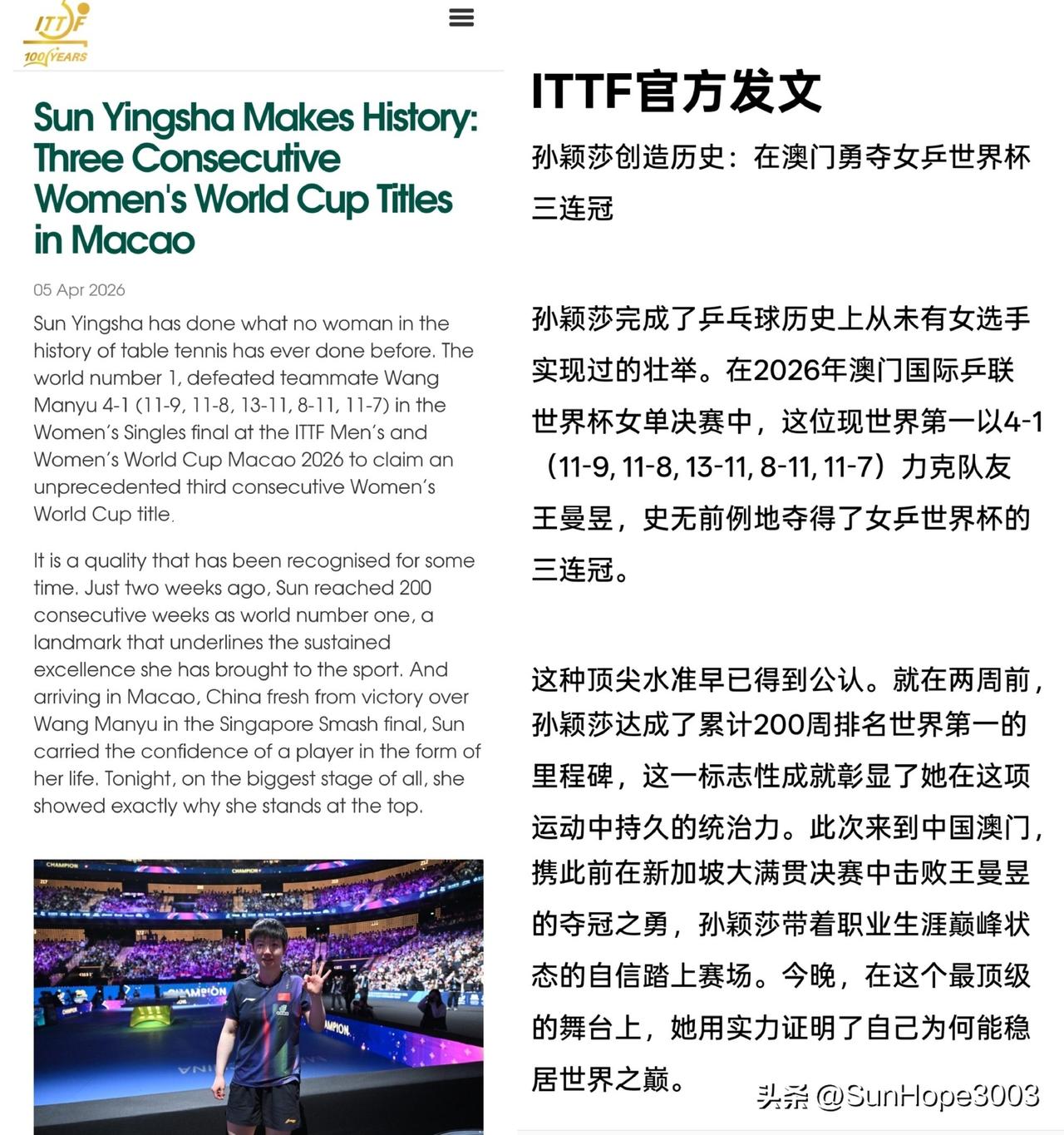 国际乒联，中国乒协发文赞扬孙颖莎，
她是：
女子乒坛的统治者
技术革新的引领者