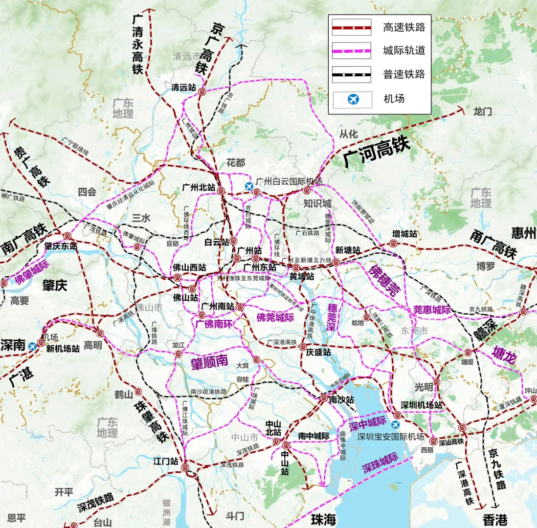粤港澳大湾区主要城际铁路线路示意图