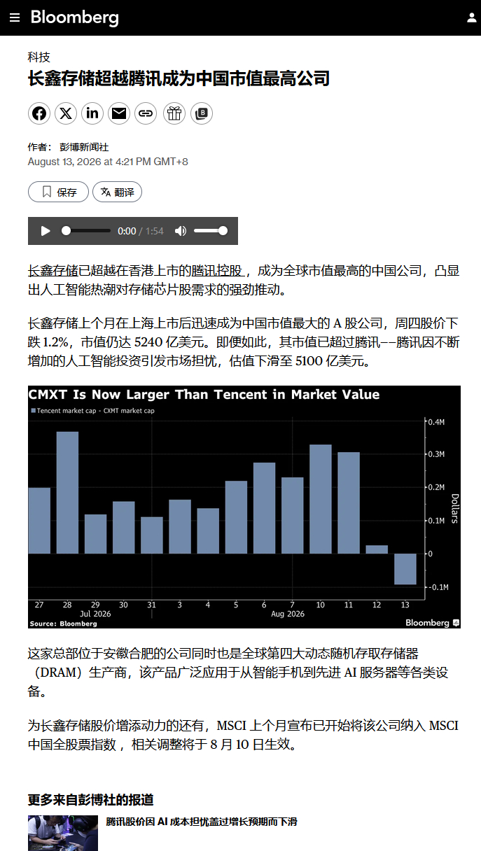 长鑫科技 中国市值最大上市公司长鑫存储超越腾讯成为中国市值最高公司 